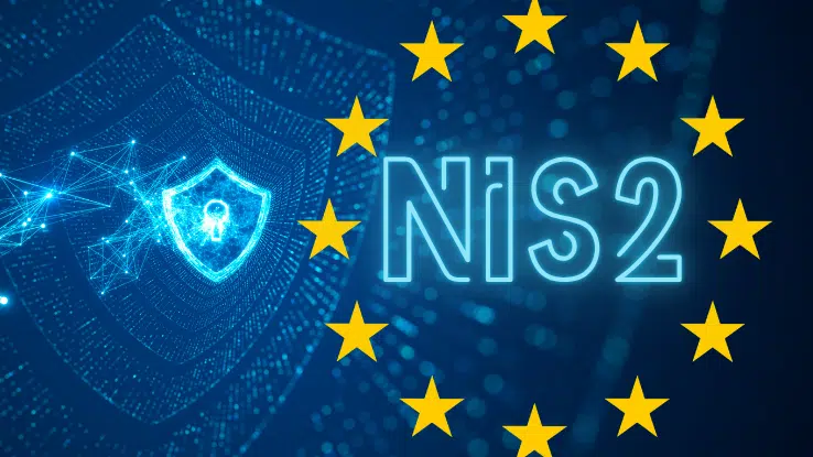 NIS2 im Kontext zu Domains: visualisiert durch ein Schloss, die EU Sterne und ein NIS2 Schriftzug