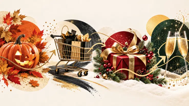 Saisonales Marketing dargestellt als Kürbis, Warenkorb, Geschenke mit Weihnachtskugel und Sektgläsern